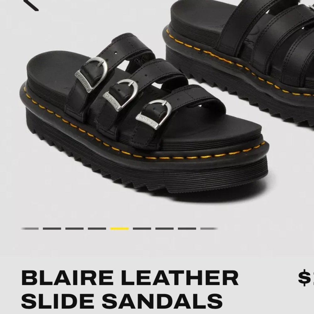 Dr. Martens Black Leather Blaire Slide Sandals with Yellow Stitching